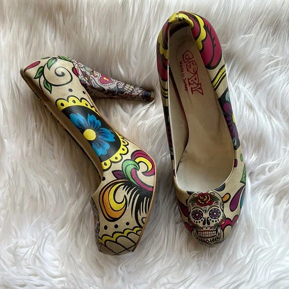 Goby Multiclored Sugar Skull Platform Pump PLT2050 Size 9.5 - Picture 3 of 14